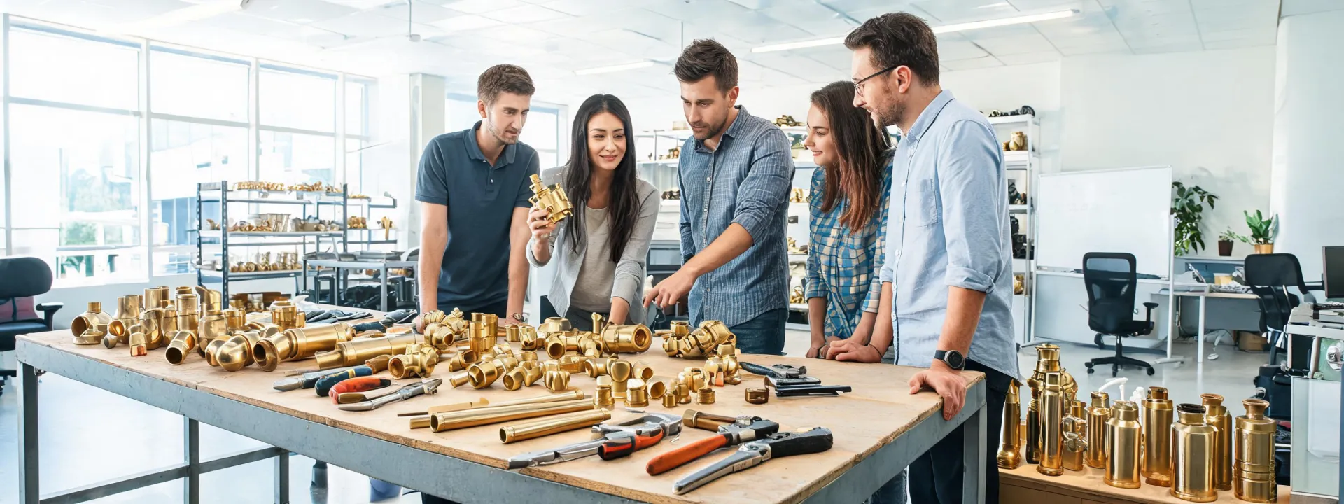 Sharkbite team reviewing pipe fitting workbench
