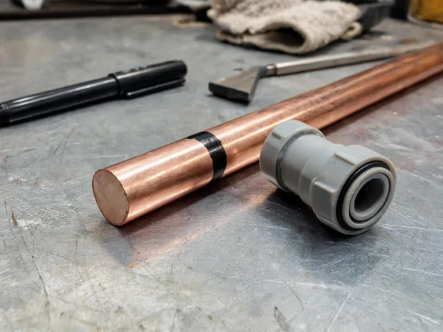 Marked copper pipe before Sharkbite fitting install
