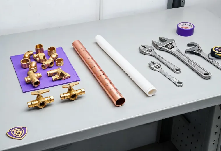 Plumbing support bench with fittings and marked pipe